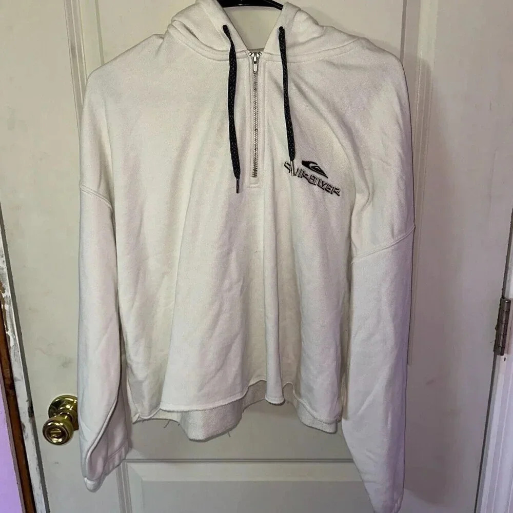 NWOT Quicksilver Quarter Zip Embroider Logo Hoodie Sweatshirt Raw Hem Crop Sz L